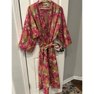 Printfresh bagheera Pink Leopard Cotton Robe Long Kimono Wrap Sleepwear L/XL